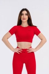 Dikişsiz Kısa Kollu Kırmızı Spor Crop Top
