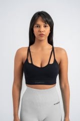 Dikişsiz Seamless Spor Bra Ön İp Detaylı SİYAH