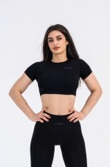 Dikişsiz Siyah Kısa Kollu Spor Bra