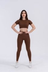 Dikişsiz Kahve Rengi Kısa Kol Spor Bra