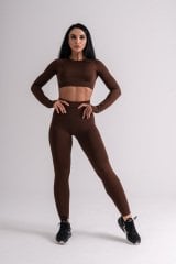 Dikişsiz  Push-up Detaylı Toparlayıcı Kahve Rengi Uzun Kollu Takım