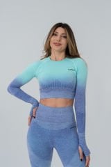 Dikişsiz Mavi Spor Uzun Kollu Crop
