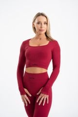 Dikişsiz Toparlayıcı Süper Esnek Uzun Kollu Kare Crop Bordo
